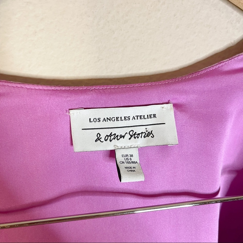 & Other Stories Voluminous Puff Shoulder Violet 80’s Inspired Mini Wrap Dress - Picture 6 of 8